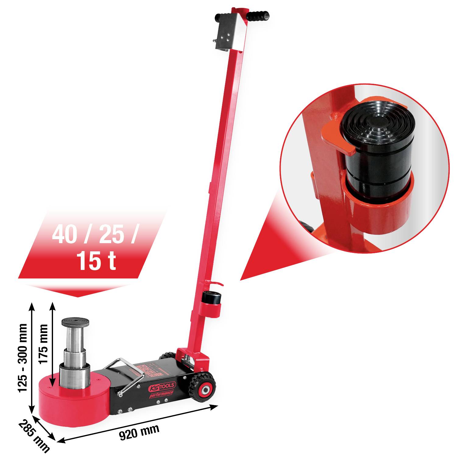 Roter Wagenheber mit langem Griff, 40/25/15 Tonnen Kapazität, zeigt Maße und Höhenverstellung zwischen 125-370 mm.