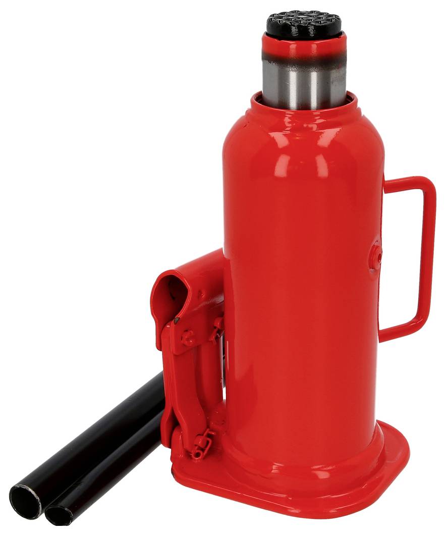 Roter Wagenheber aus Metall mit Griff und abnehmbarem Hebel auf weißem Hintergrund.