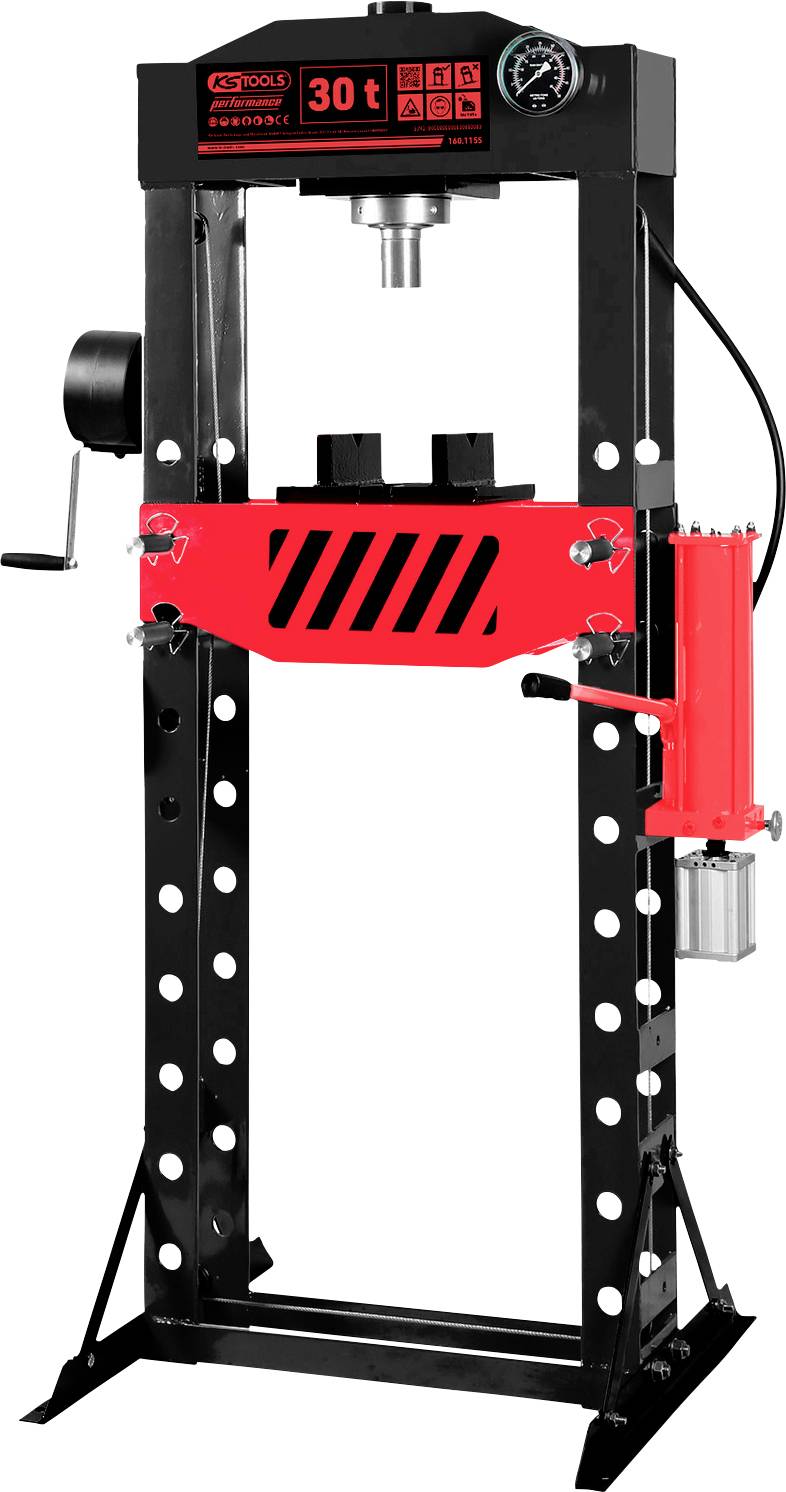 Hydraulische Werkstattpresse, schwarz-rot, mit Manometer, Hebel und Zylinder, geeignet für das Biegen, Ausrichten, Drücken.