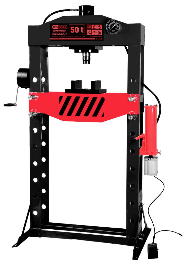 Werkstattpresse 50 Tonnen mit Manometer und Hydraulikzylinder, schwarz-rot, robustes Design, geeignet für Schwerlastanwendungen.