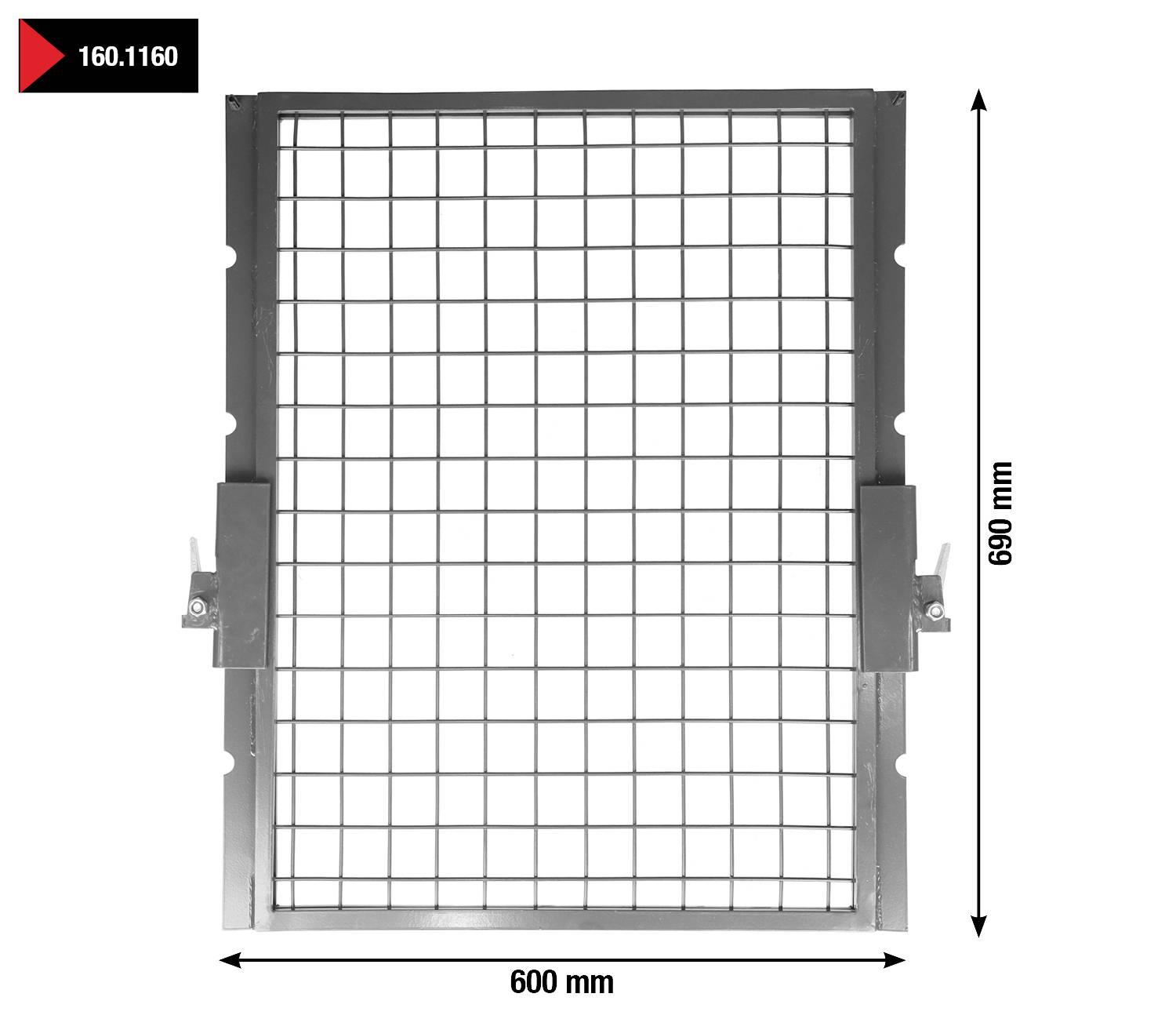 Rechteckiges Gitter mit den Maßen 600 mm x 680 mm in Silber, dargestellt mit seitlicher Halterung und Maßangaben.