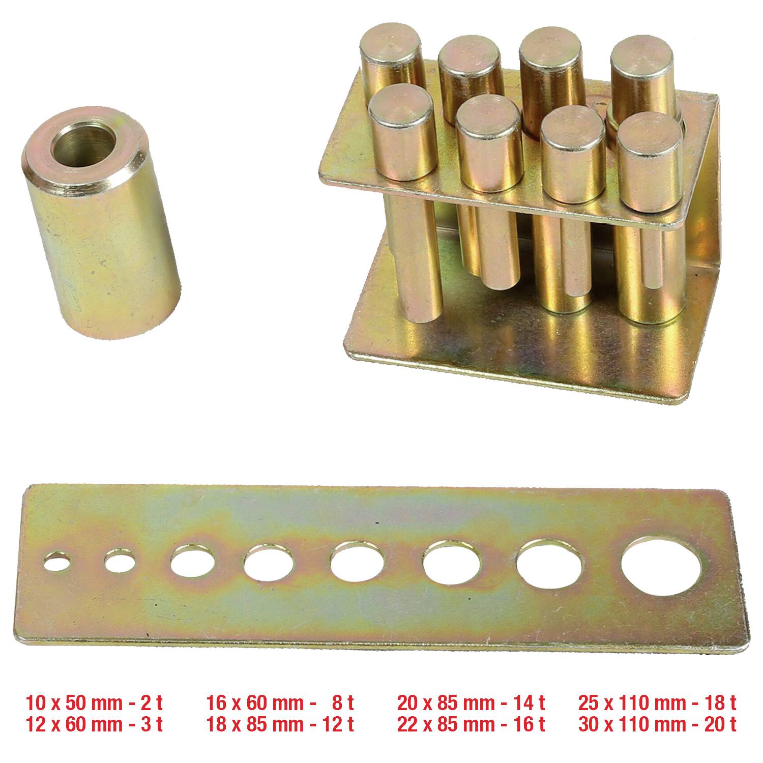 Metallhülsen und -stange mit verschiedenen Durchmessern und Längen. Aufzählung der Maße und Gewichte in Tonnen direkt im Bild.
