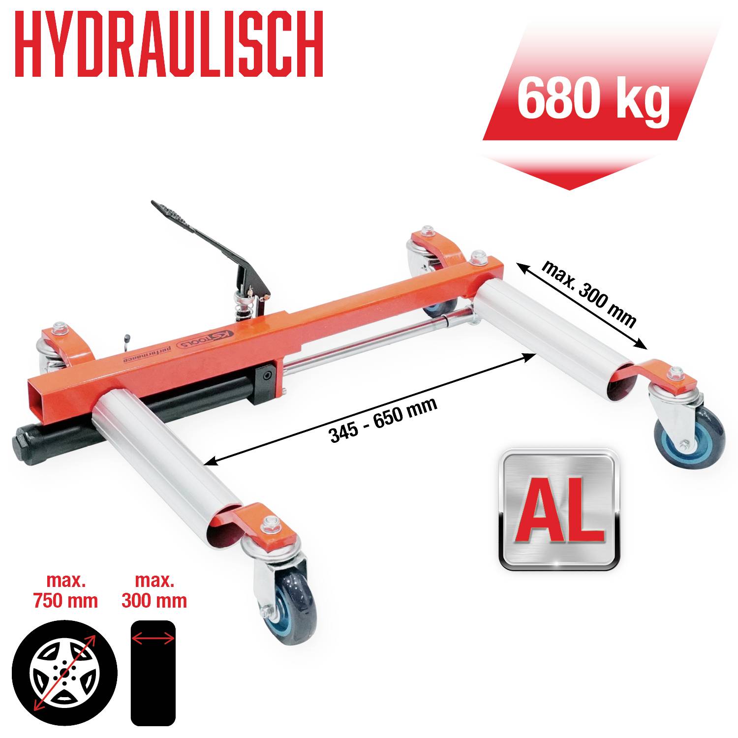 Rangierwagenheber mit hydraulischer Hebevorrichtung, Tragkraft von 680 kg. Einstellbare Breite 345–650 mm, max. Hebehöhe 300 mm.