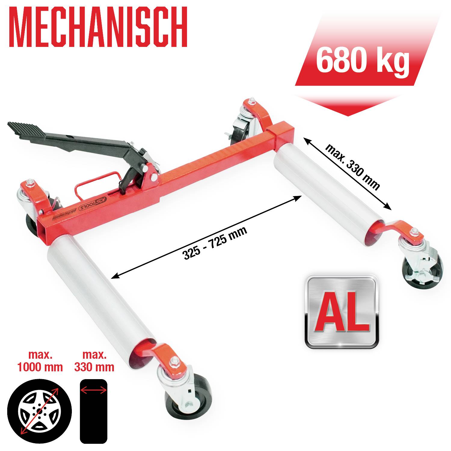 Mechanischer Rollwagen für Lasten bis 680 kg, verstellbare Breite 325-725 mm, stabile Rollen, ideal zum Rangieren von Fahrzeugen.