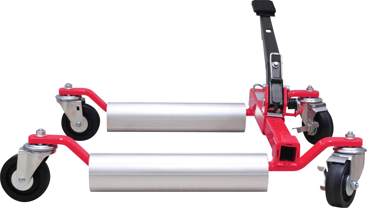 Roter Rangierwagenheber mit Metallrollen und schwarzen Rädern, verwendet zum Bewegen von Fahrzeugen in Werkstätten.