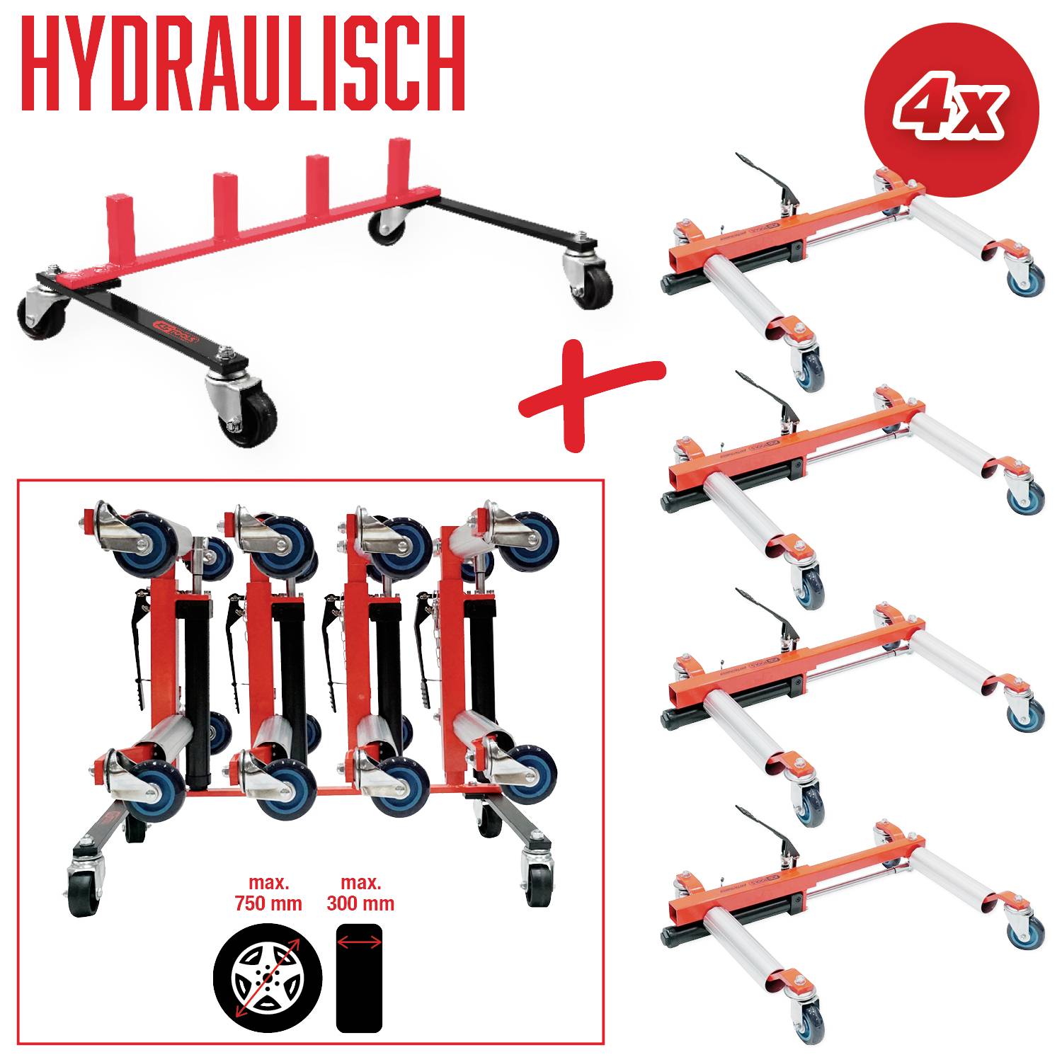 'Radsatz Dolly Hydraulisch' mit Vierer-Set von Rollwagen. Geeignet für Radgröße bis 750 mm und Breite bis 300 mm. Verwendet für Fahrzeugreparaturen.