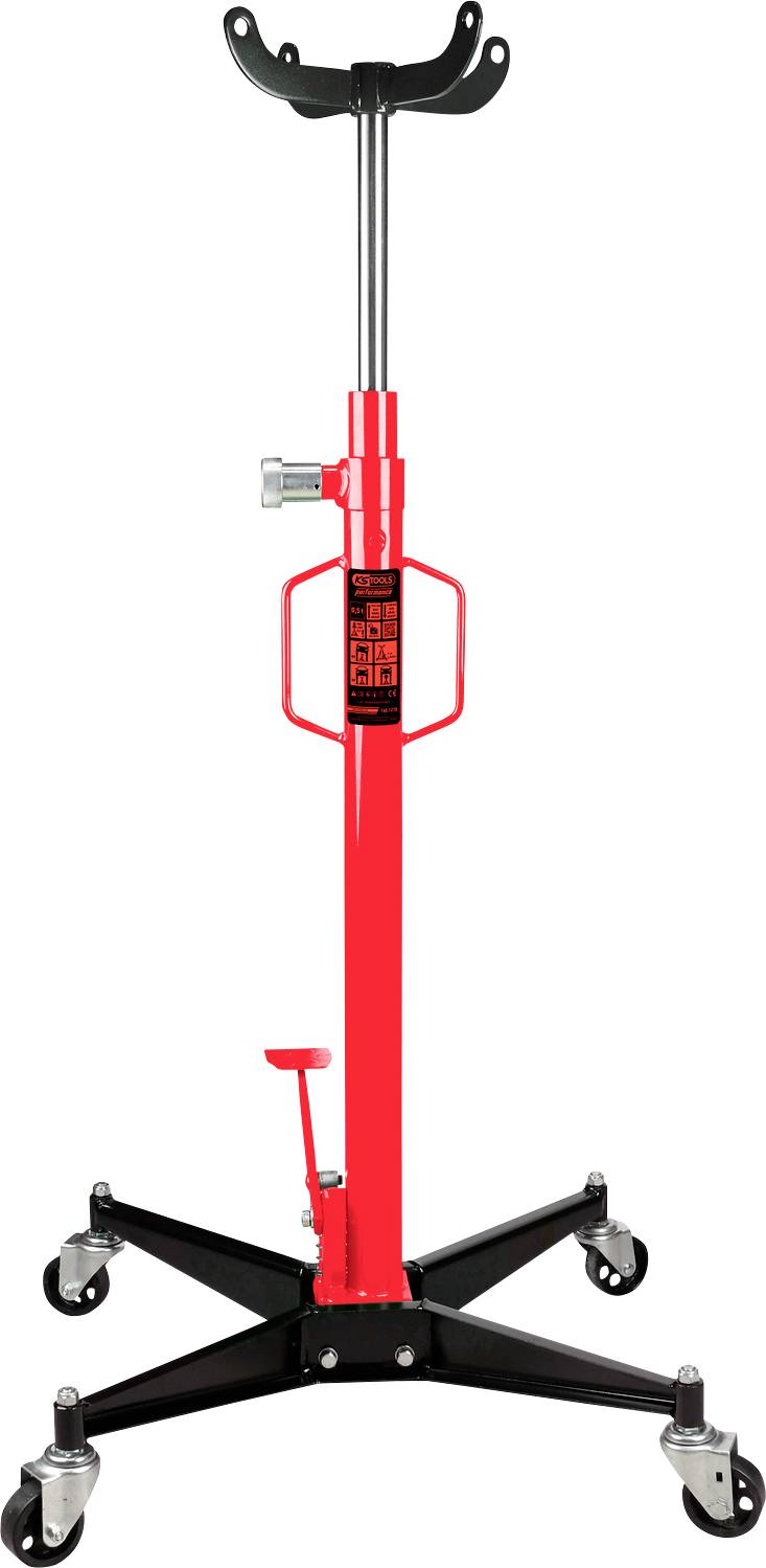 Roter Getriebeheber mit schwarzem Unterbau und Rollen. Höhenverstellbar mit Pedal. Geeignet zum Anheben von Autogetrieben in Werkstätten.