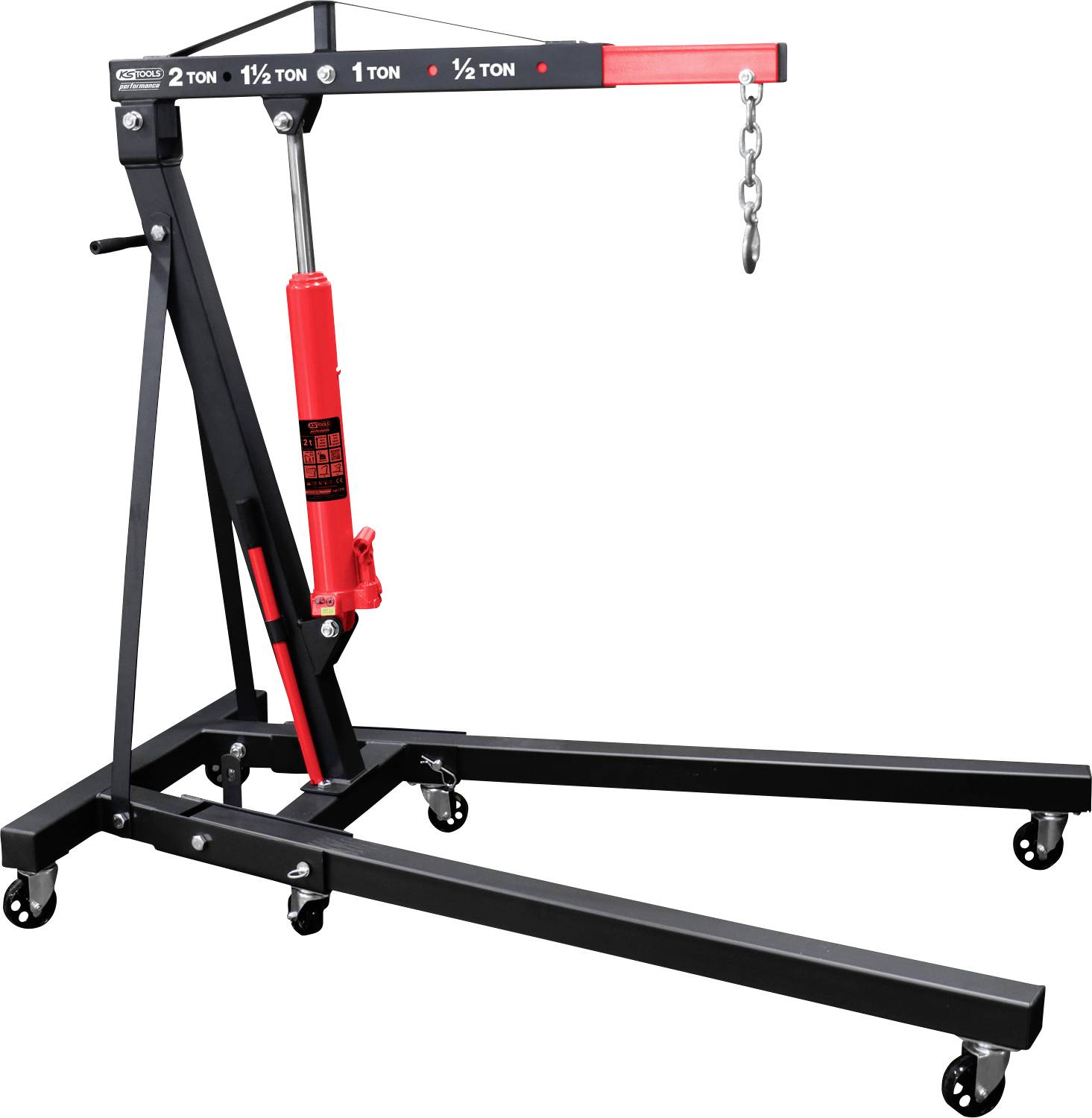 Hydraulischer Motorheber mit vier Rädern, einer verstellbaren Teleskoparm, und einer Tragfähigkeit von bis zu zwei Tonnen.