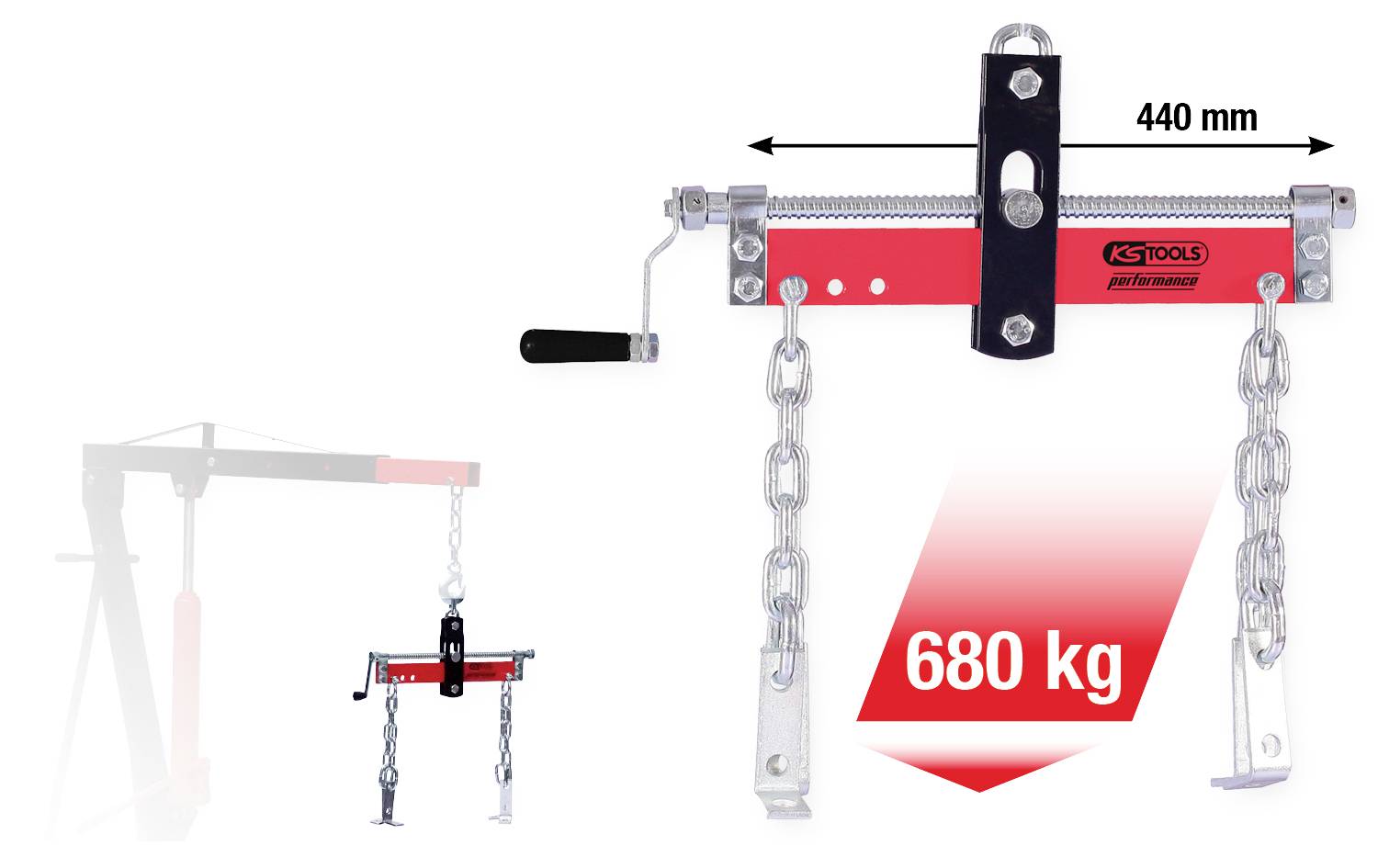 Motormontagehalter mit Ketten, max. Traglast 680 kg, Spannweite 440 mm, für Motorenmontage an Hebevorrichtungen.
