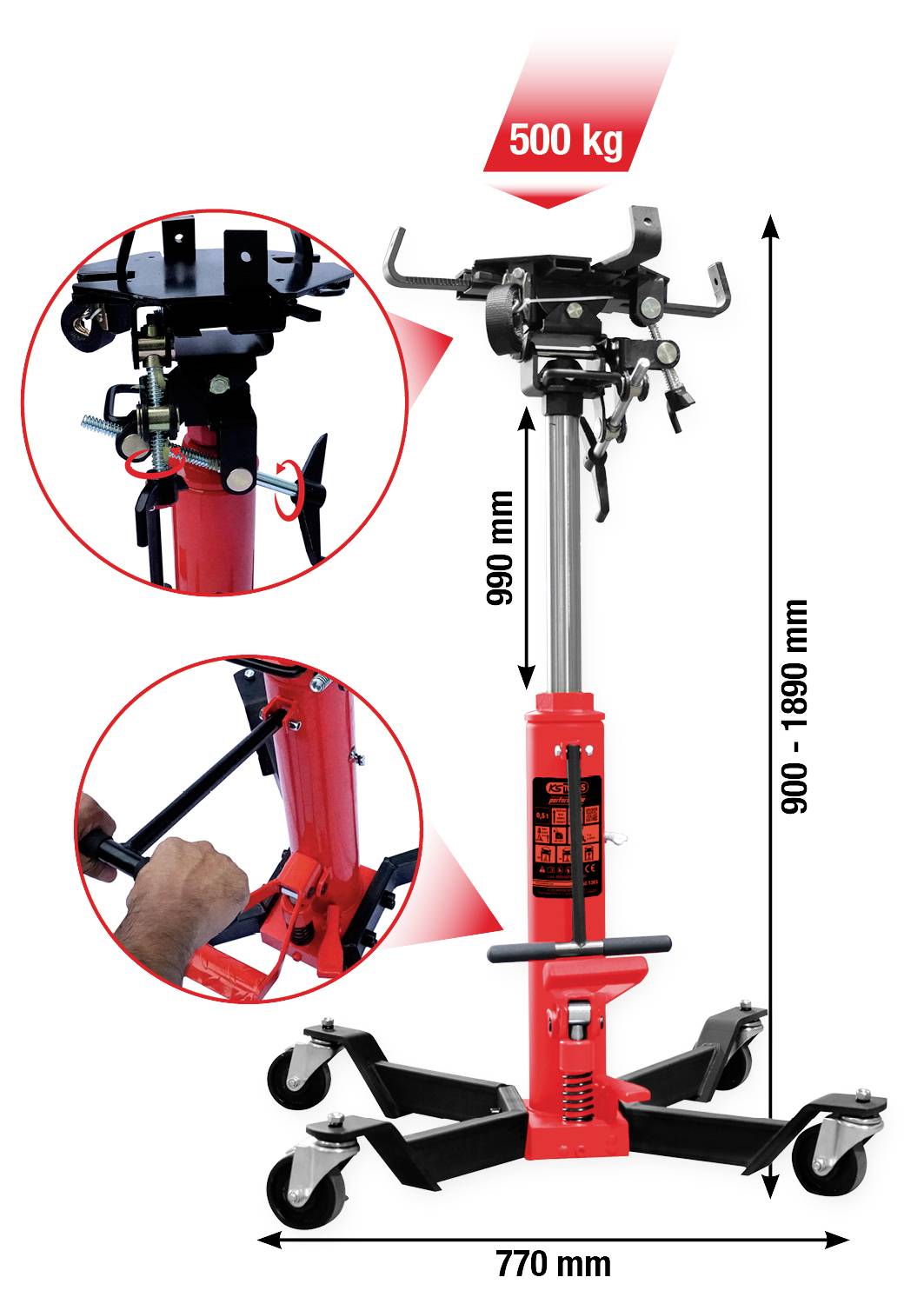 'Getriebeheber' in Rot für 500 kg, höhenverstellbar von 900 bis 1.800 mm, mit Rollen und Hebel für Manövrierbarkeit, 770 mm Breite.