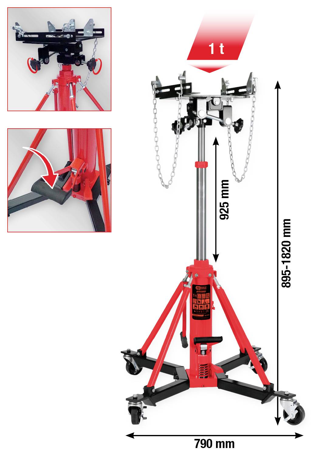 Hydraulische Getriebeheber mit verstellbarem Stützarm, geeignet für Lasten bis 1 Tonne. Einstellbare Höhe von 895 bis 1820 mm.