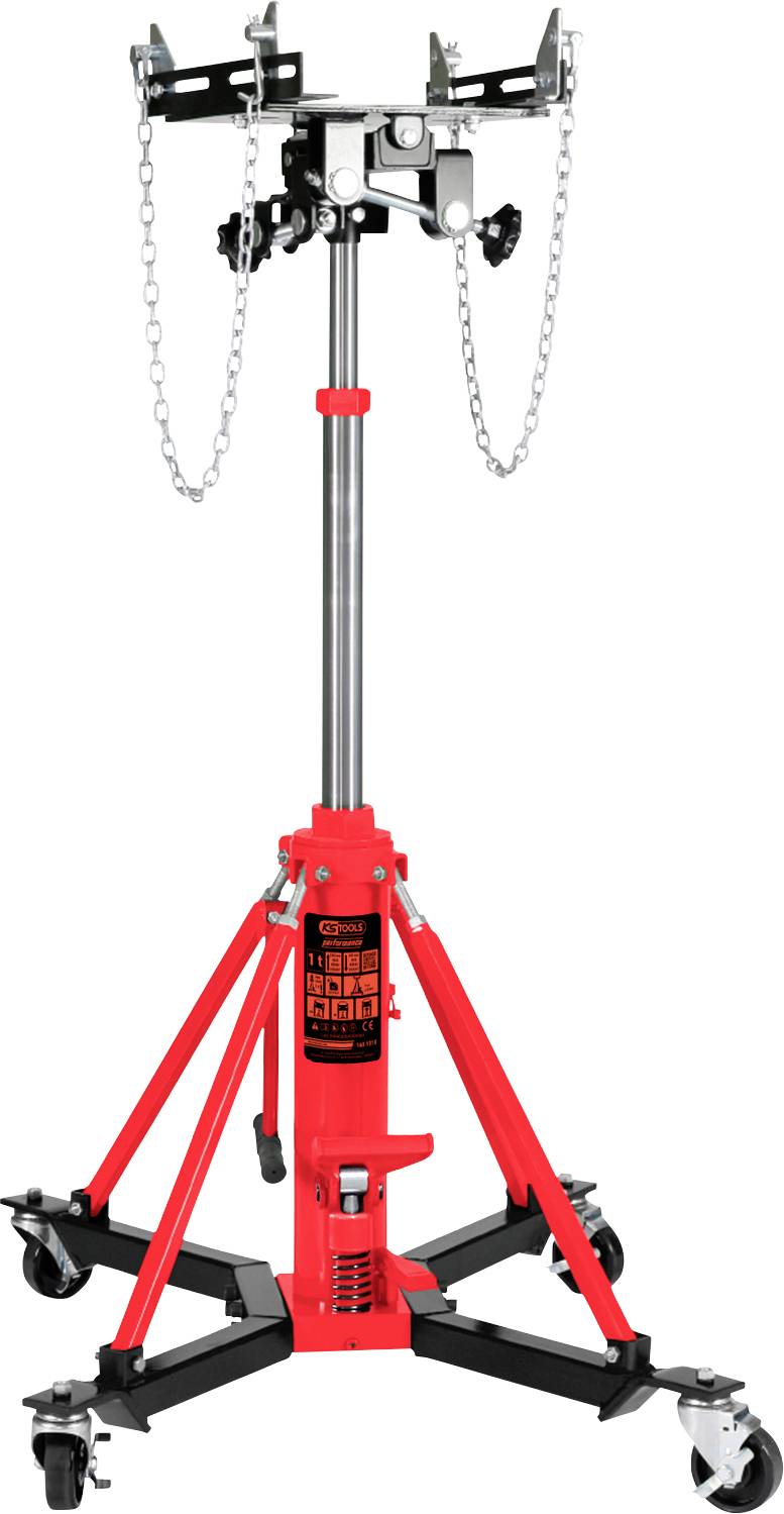Roter Getriebeheber mit schwarzem Sockel und Rollen. Ketten zur Sicherung, höhenverstellbar, für Schwerlasten geeignet.