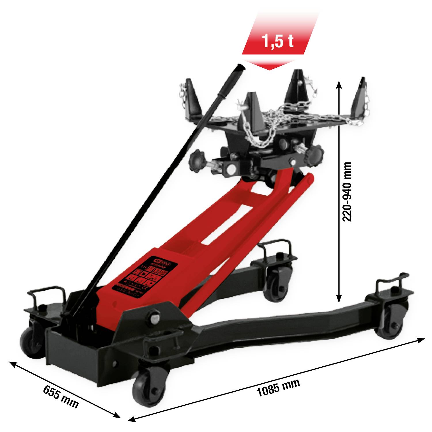 Ein hydraulischer Wagenheber mit 1,5 Tonnen Kapazität, schwarzem und rotem Design. Abmessungen: 655 mm Breite, 1085 mm Länge.