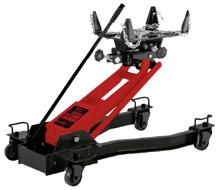 Rote hydraulische Getriebeheber auf Rollen, mit Sicherungsketten. Verwendet zum Anheben von Fahrzeuggetrieben in Kfz-Werkstätten.
