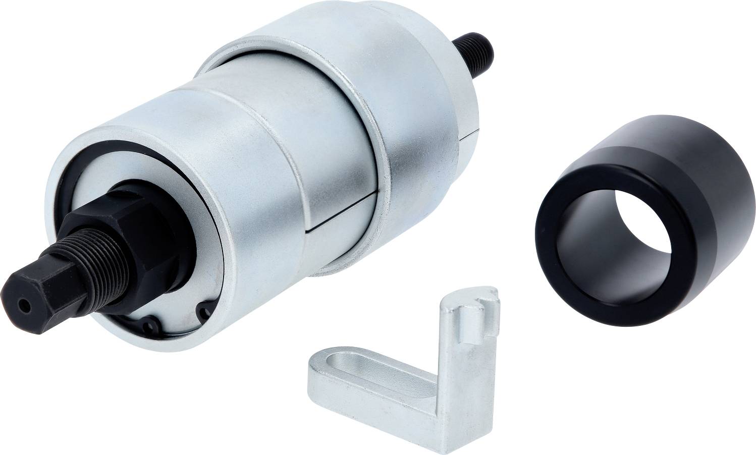 Ein silbernes Metallwerkzeug mit zylindrischem Körper, schwarzer Spitze und zwei Zubehörteilen, das für mechanische Arbeiten verwendet wird.