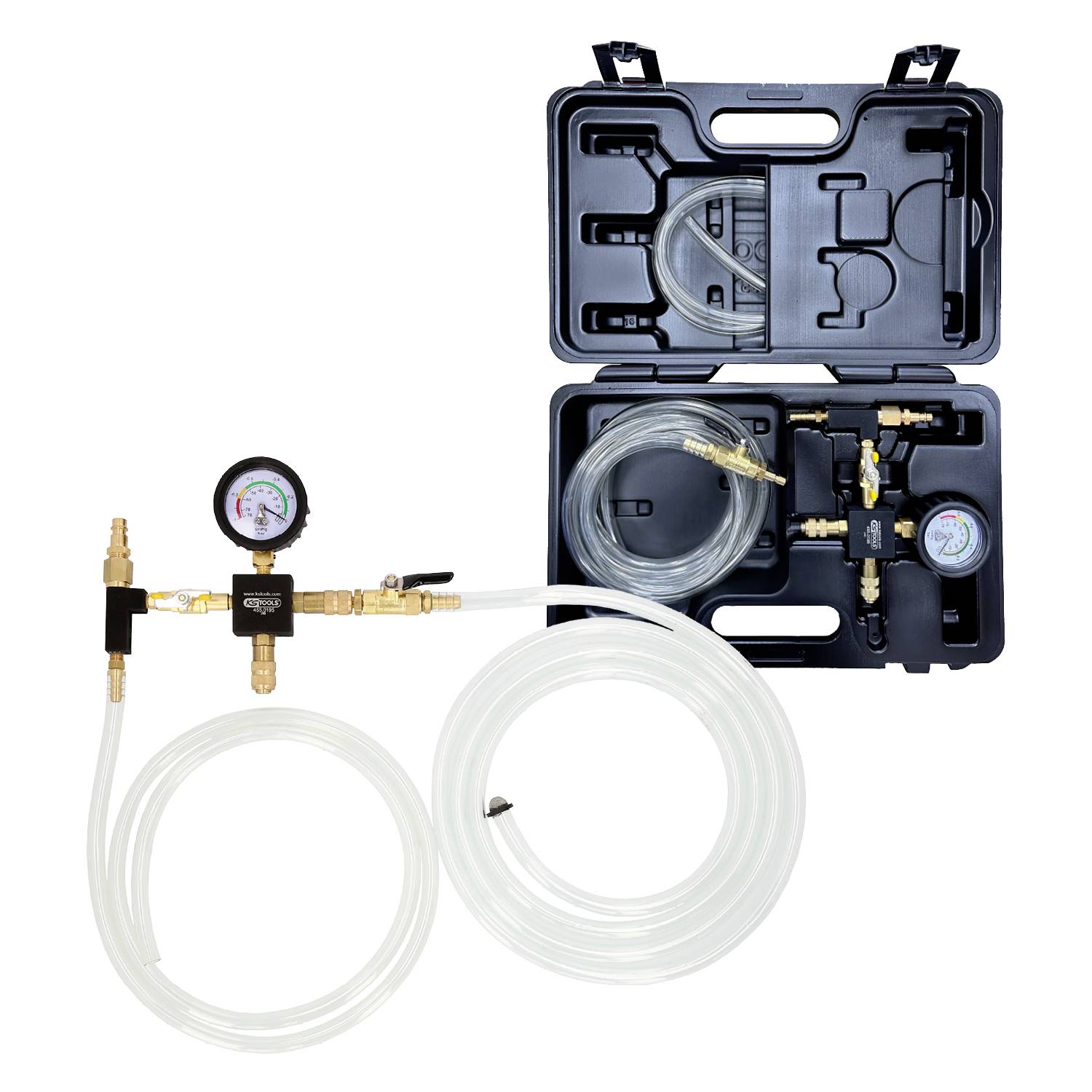 Manometer-Kit mit Schläuchen und Verbindern in einem offenen, tragbaren Kunststoffkoffer zur Druckprüfung von Heizungsanlagen.