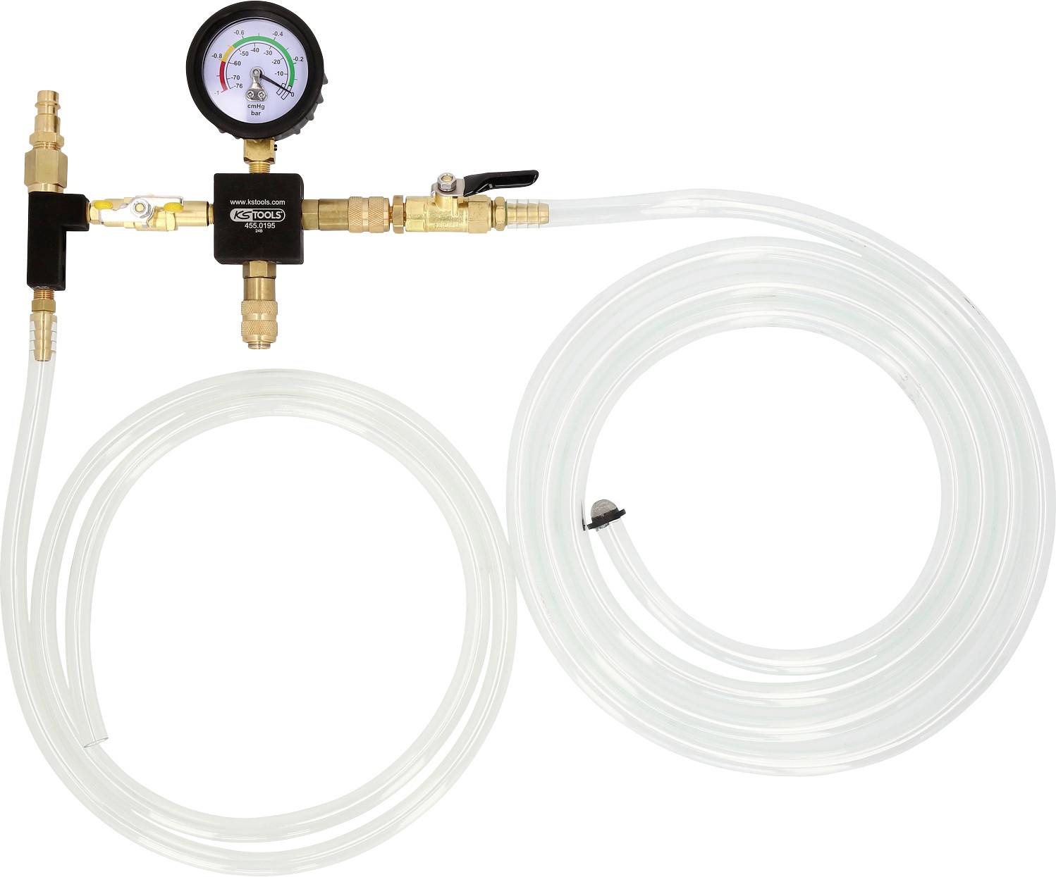 Lecksuchgerät mit Manometer, Schläuchen und Ventilen zur Druckprüfung und Dichtheitsprüfung in technischen Anwendungen.