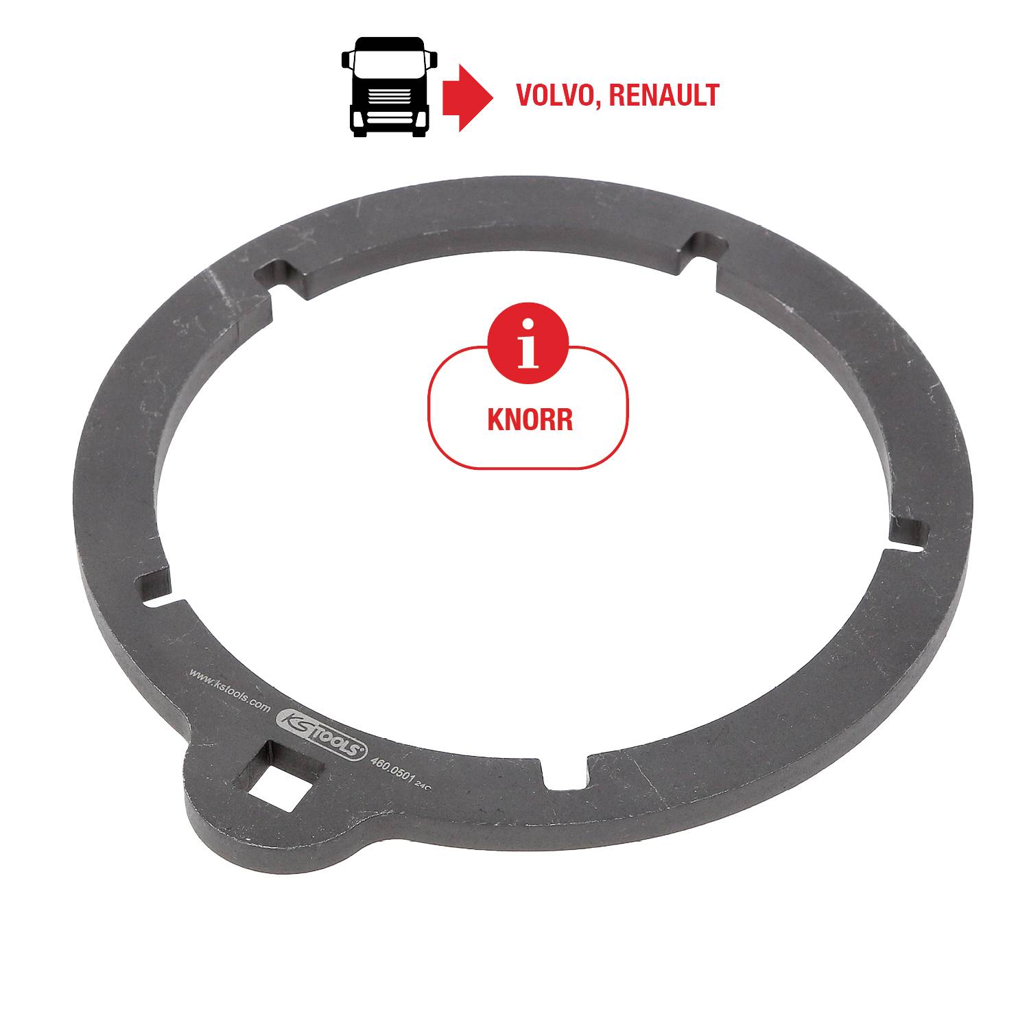 'Bremsscheibe' für Nutzfahrzeuge mit Hinweis auf 'VOLVO, RENAULT' und 'KNORR' oben. Rundes Metallteil mit Auskerbungen.