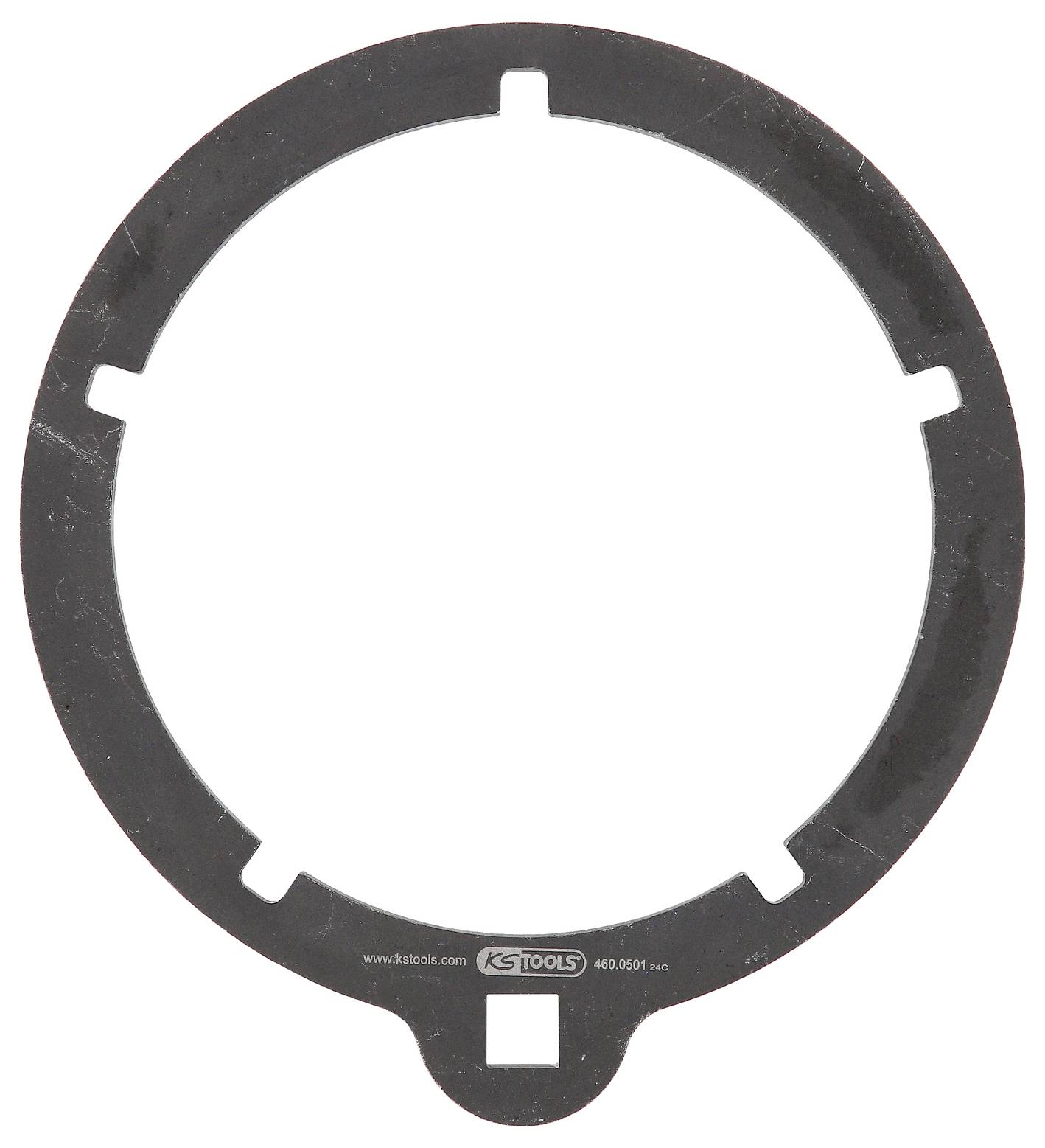 Ein runder Metallring mit vier Einkerbungen am Rand. Unten ist ein kleines Logo und der Text 'www.kstools.com 460.9051 sec' sichtbar.