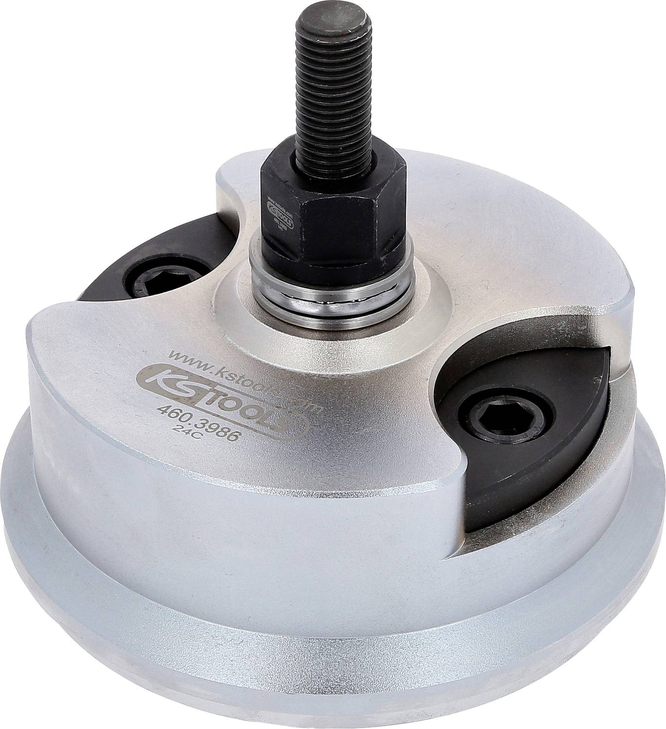 Metallisches Werkzeug mit zylindrischer Form und Schrauben. Verwendet zum Abziehen von Lagern oder ähnlichen Teilen in mechanischen Anwendungen.