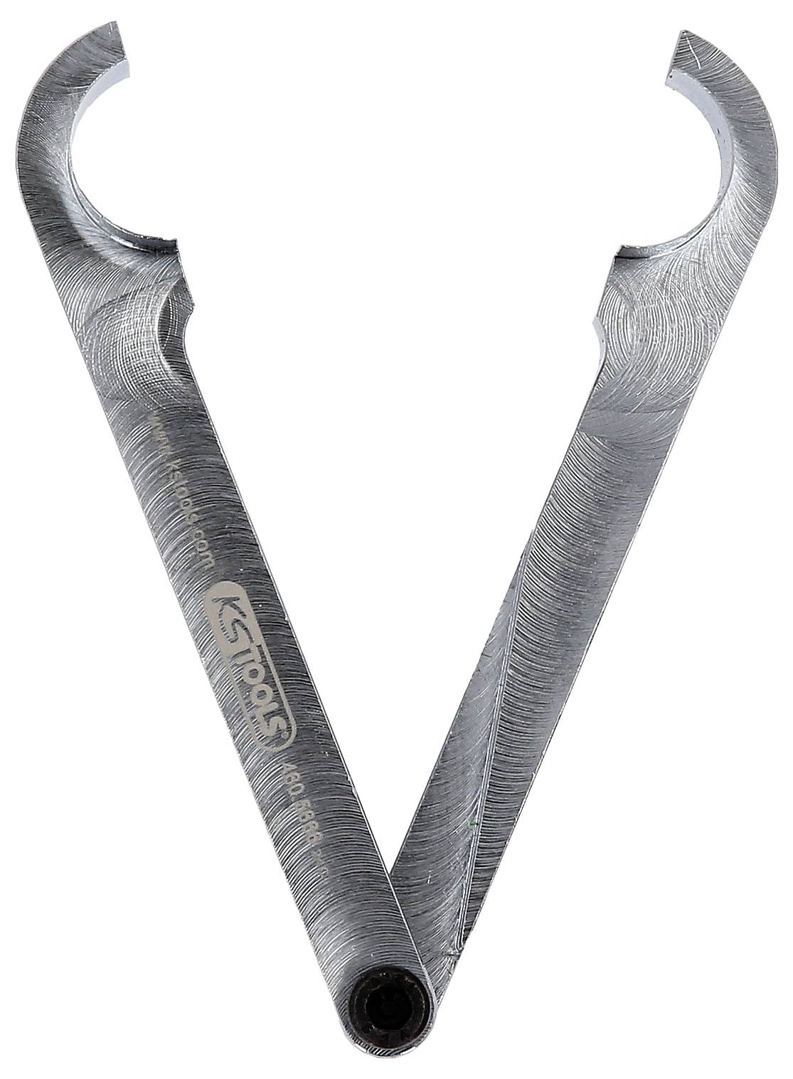 Ein silbernes, V-förmiges Werkzeug mit zwei gebogenen Spitzen, das von KS Tools hergestellt wurde. Es wird zur Sicherung von Stecknüssen verwendet.