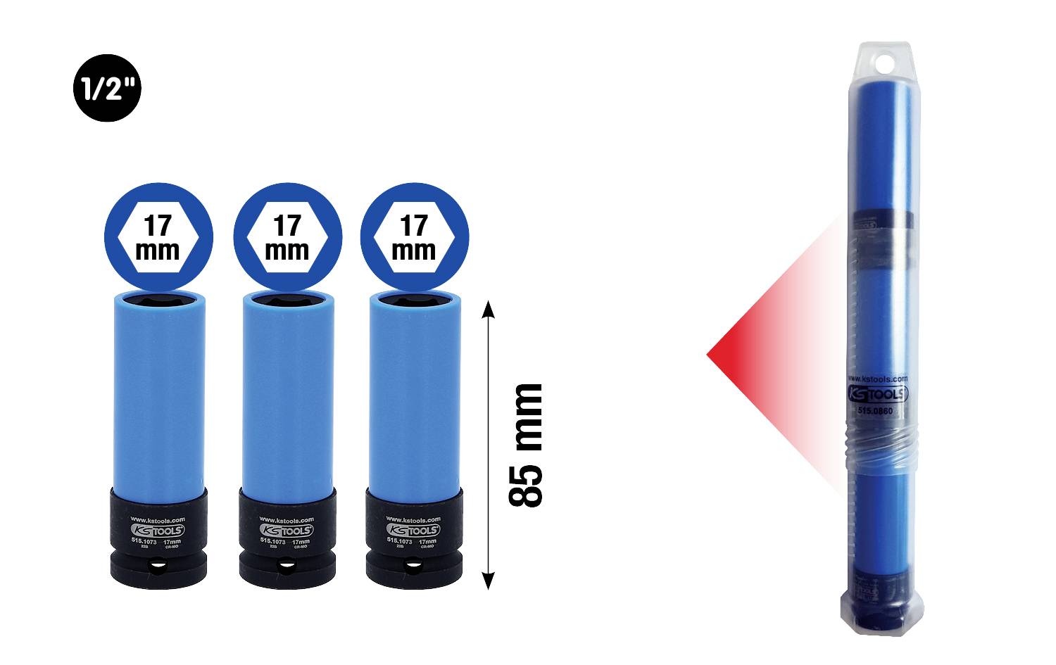 'Drei blaue Stecknüsse, 17 mm, 85 mm hoch, mit 1/2