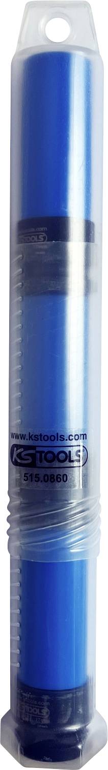 Blauer Stift in transparenter Verpackung, aufrecht stehend. Verpackung zeigt Text 'tools'.