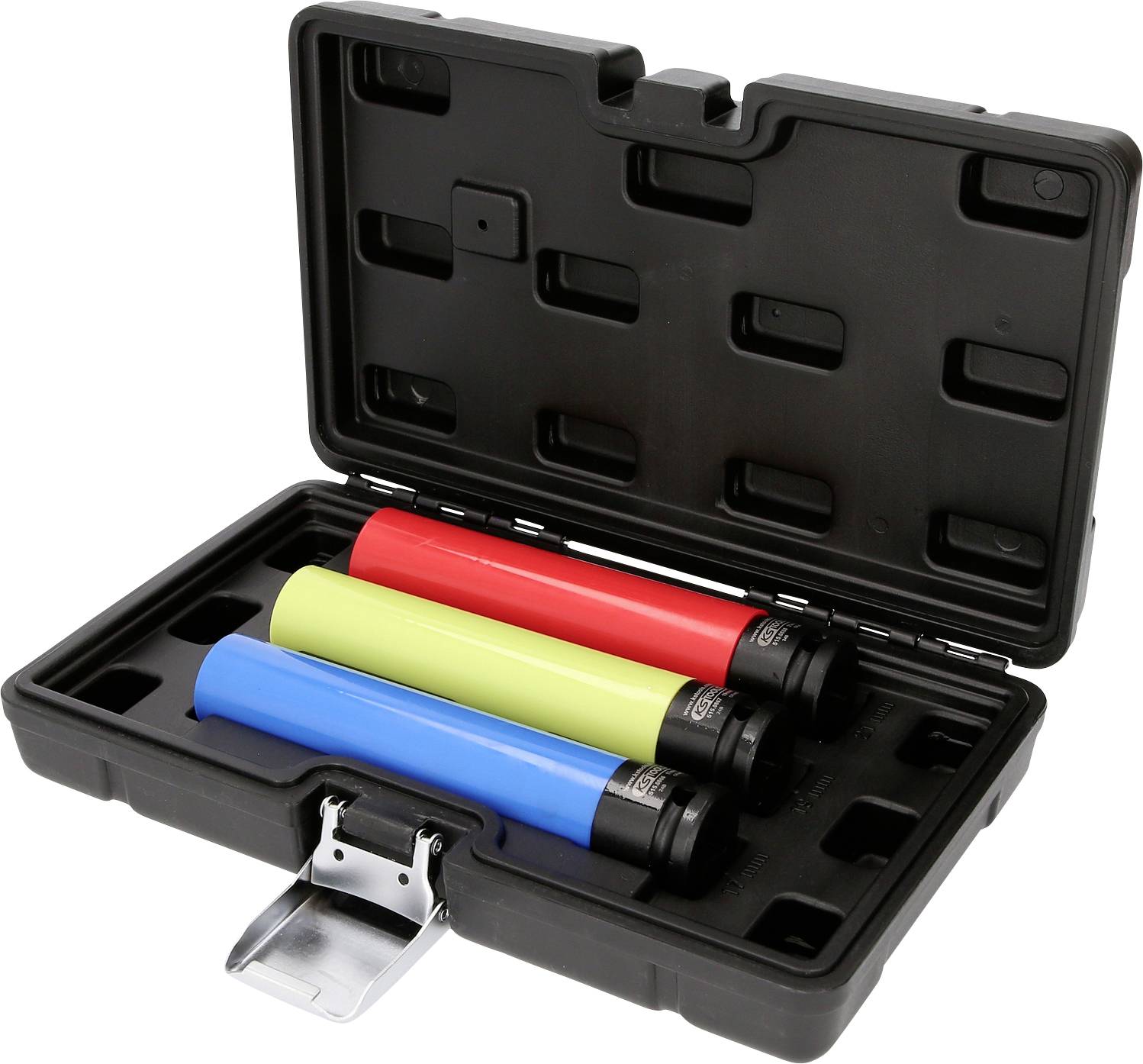 Drei Farbhülsen (blau, rot, gelb) in einem schwarzen Hartschalenkoffer mit Fächern, teilweise offen, auf weißem Hintergrund.