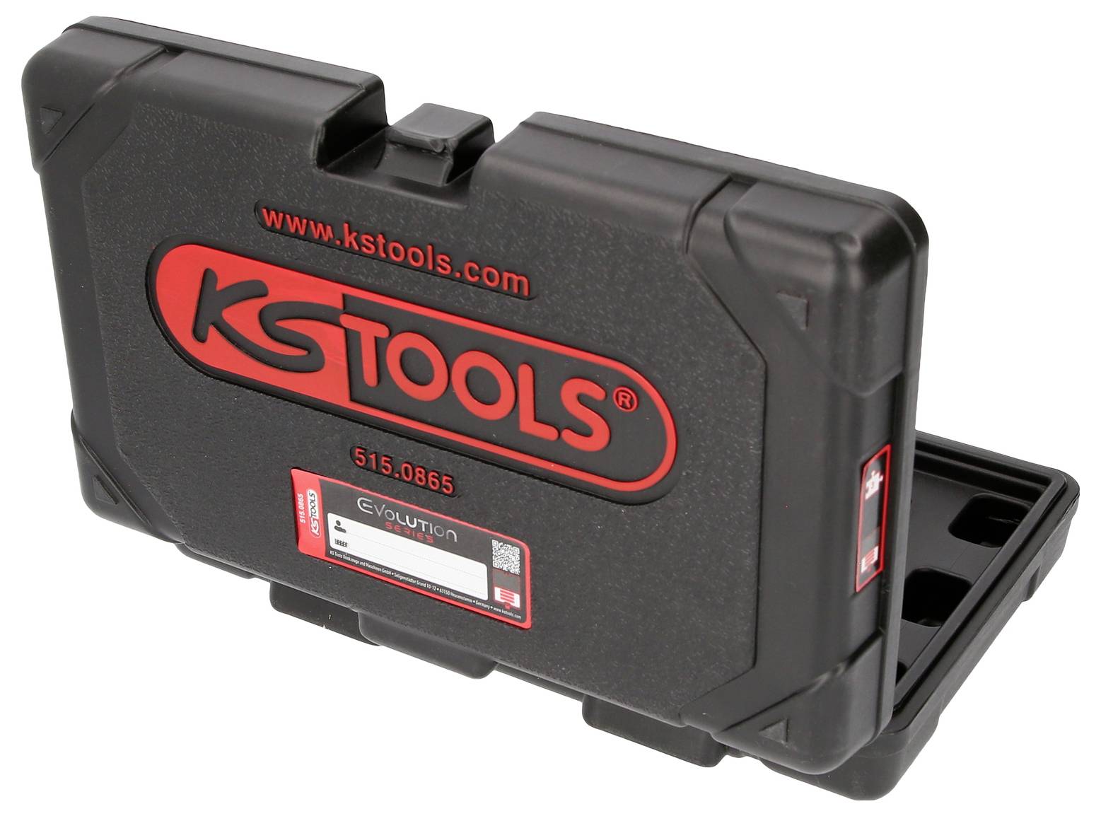 Schwarzer Werkzeugkoffer von KS Tools mit rotem Logo und der Aufschrift 'www.kstools.com'. Modellnummer: 515.0865.