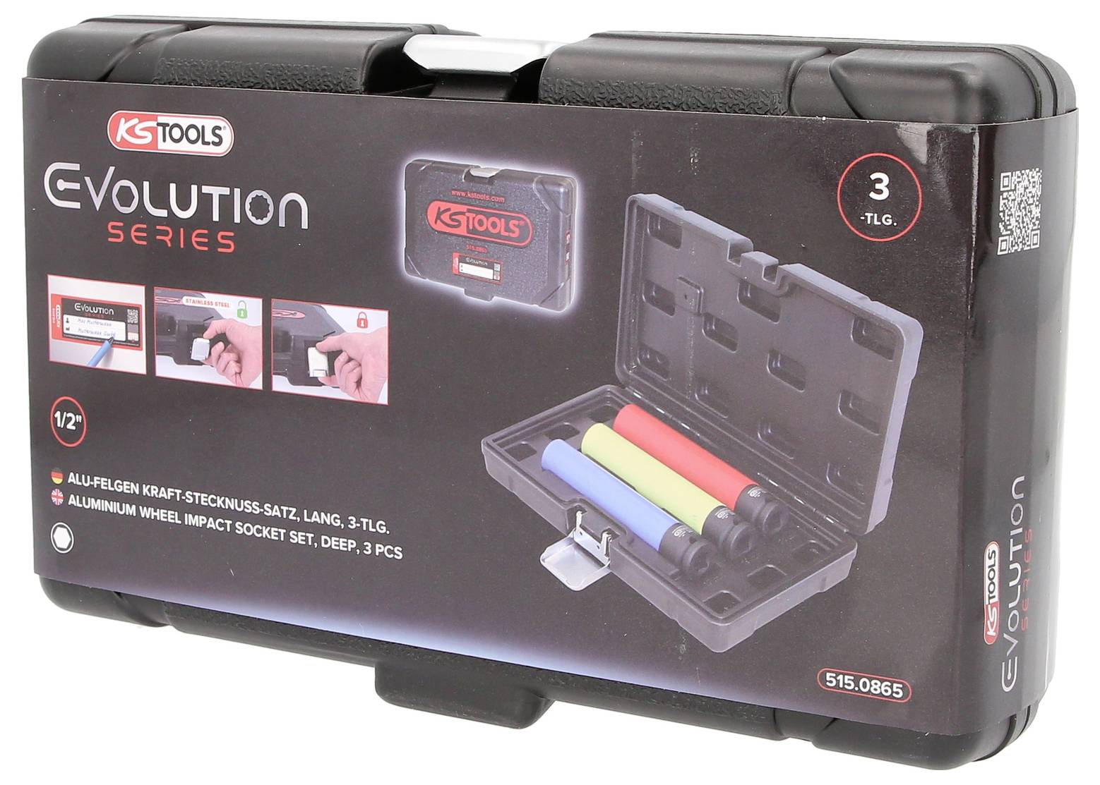 Satz von drei langen Aluminium-Schlagschraubern in einer offenen schwarzen Werkzeugkiste. Markenname: KS Tools Evolution Series.