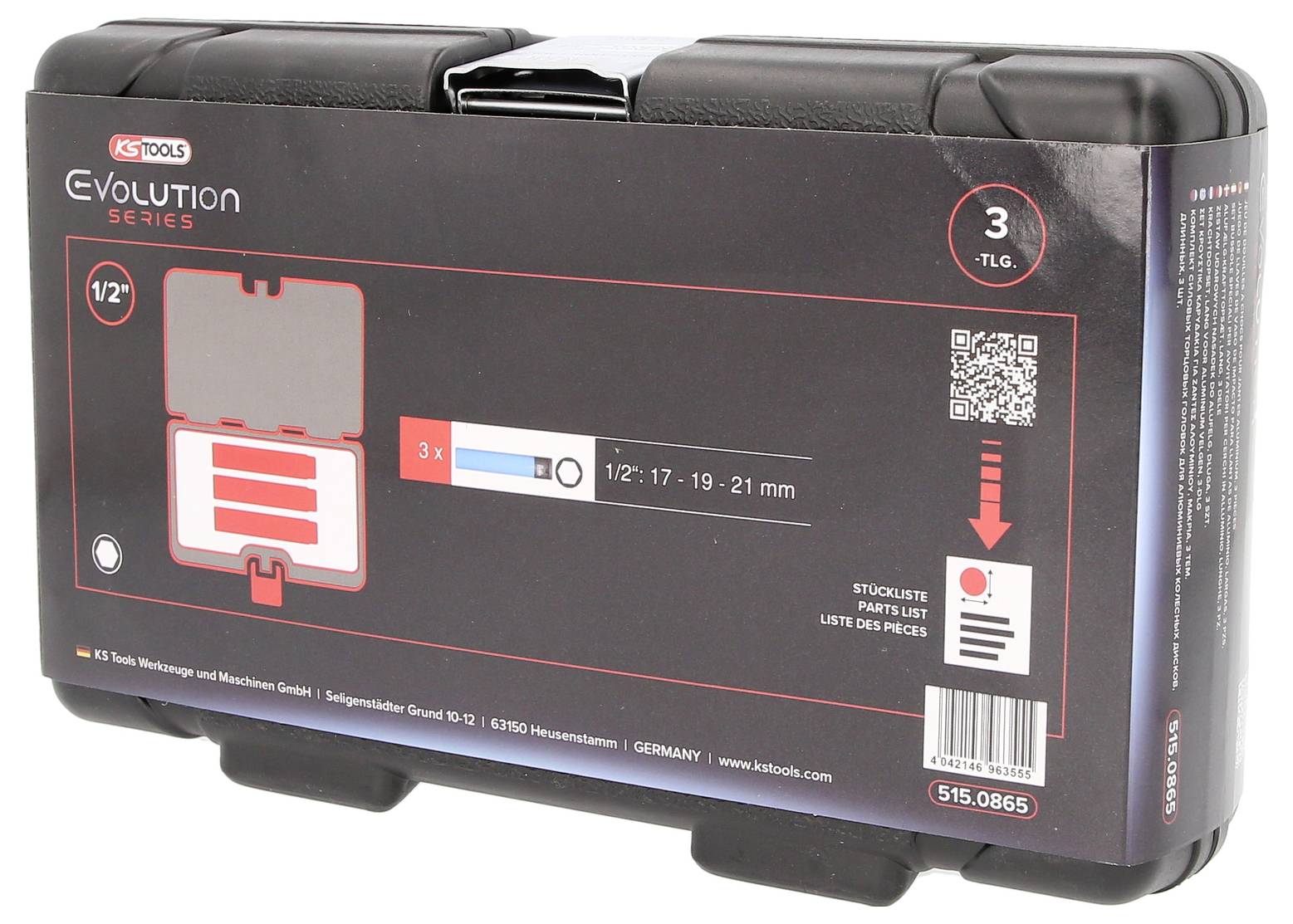 Kunststoffkoffer mit Werkzeugen der Marke KS Tools, Evolution Series. Enthält 3 Teile in den Größen 1/2