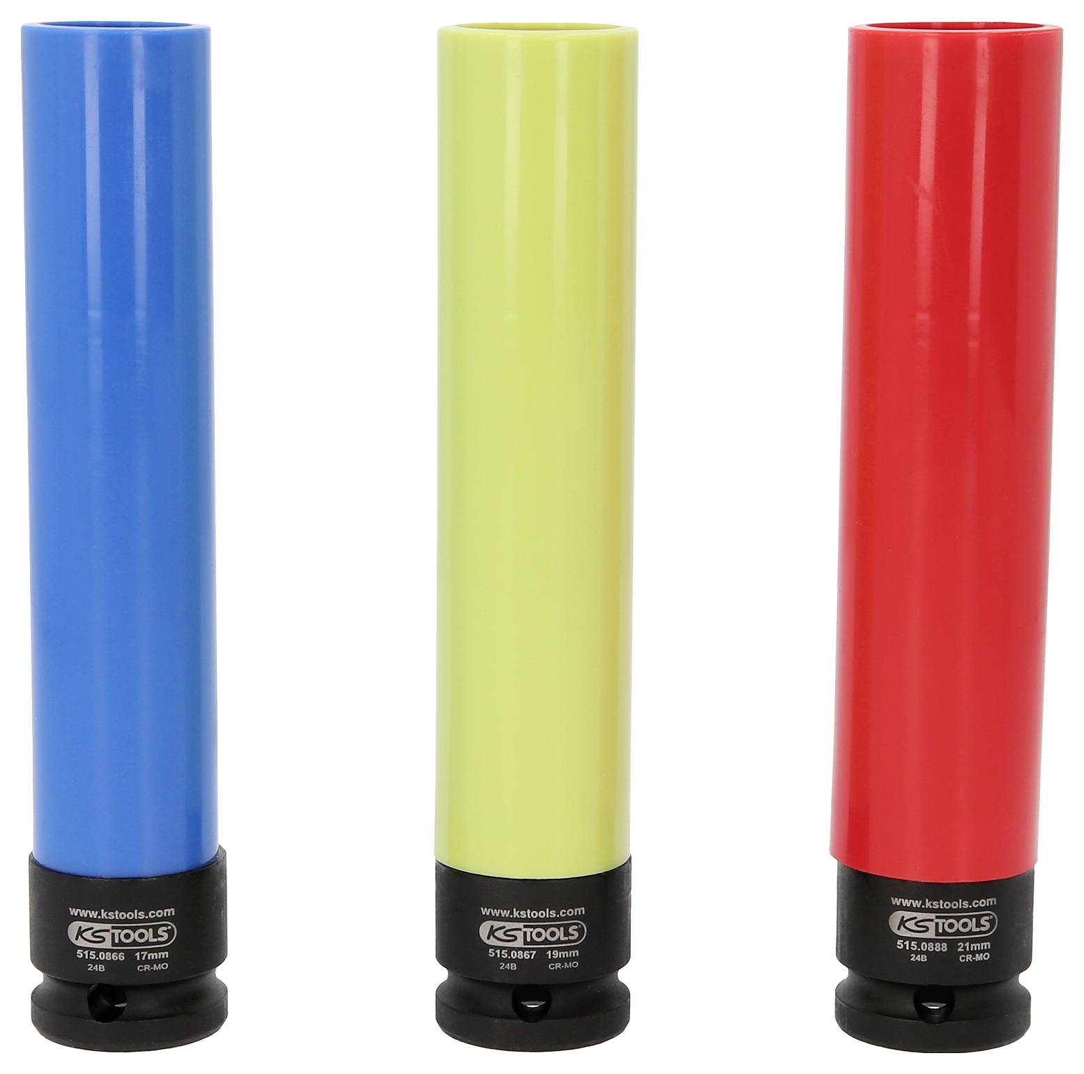 Drei Stecknüsse in Blau, Gelb und Rot, jeweils mit schwarzem Sockel, stehen nebeneinander. Sie sind für das Anziehen von Muttern entwickelt.