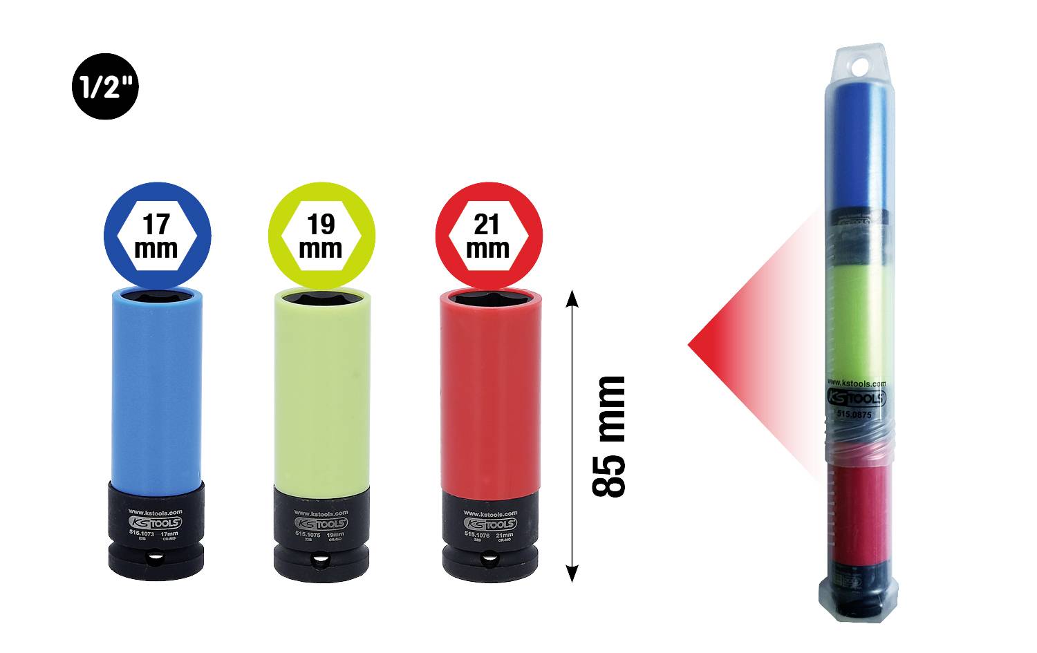 Drei Stecknüsse in Blau, Grün und Rot mit Größen 17 mm, 19 mm, 21 mm; Höhe 85 mm. Verpackung rechts zeigt alle drei Farben.
