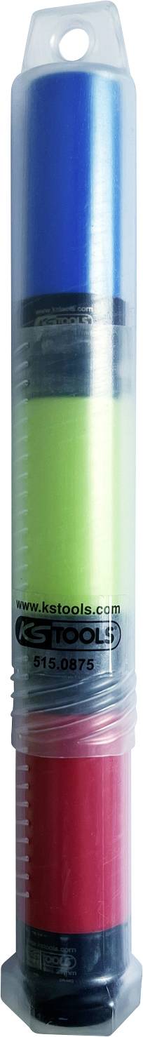 Drei bunte Textmarker in blau, grün und rot, in einer transparenten Verpackung, aufrecht stehend.