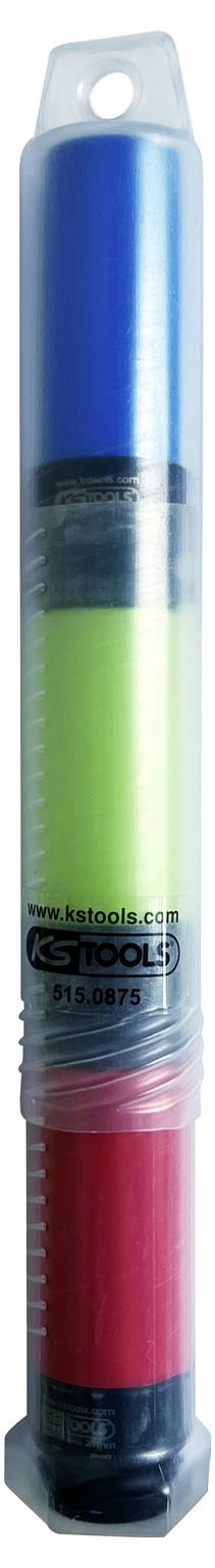 Drei Flaschen mit blauer, grüner und roter Flüssigkeit in transparentem Behälter.