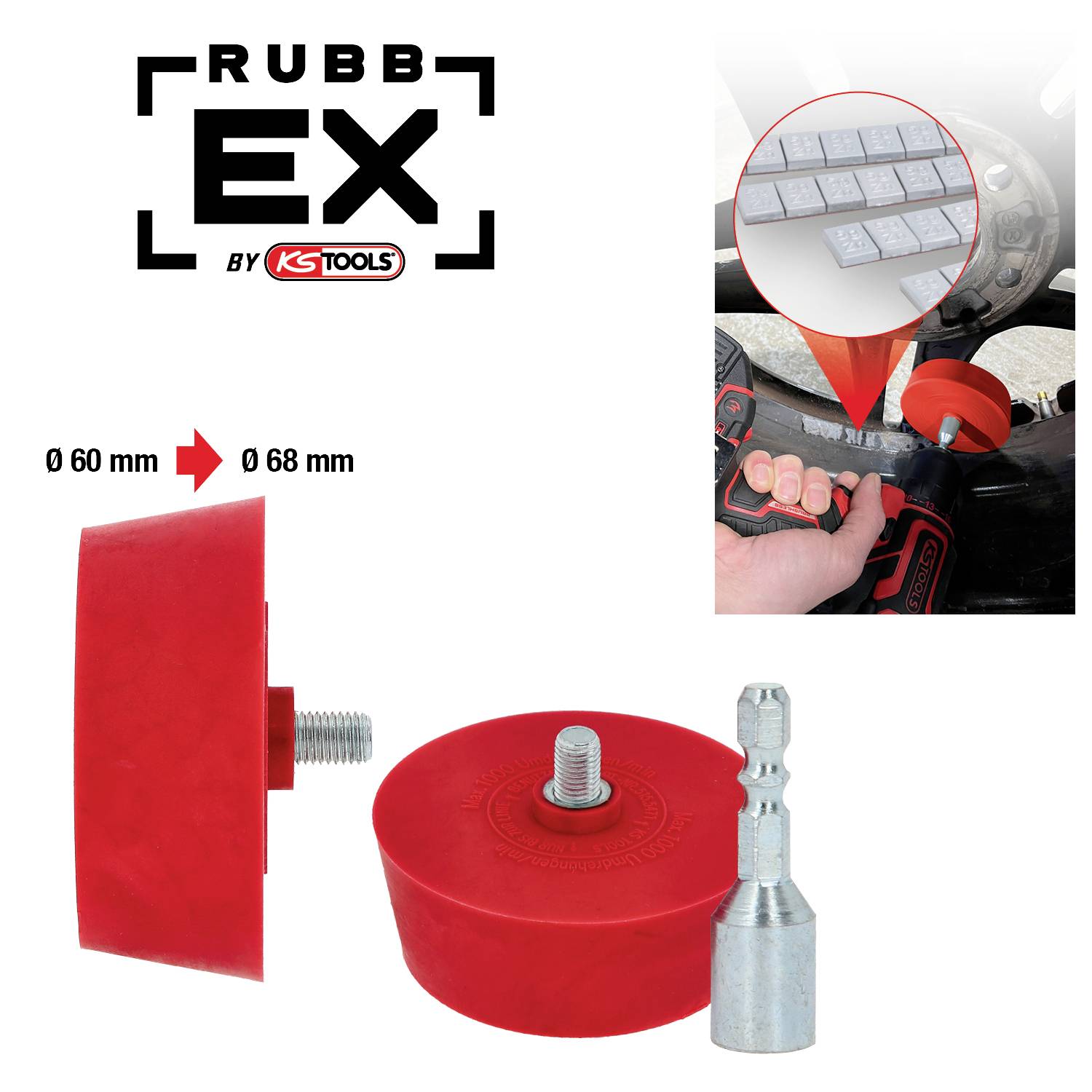 Rote Gummischeibe zur Felgenreinigung. Darstellung zeigt Anwendung an Rad mit Einsatz eines Bohrers. Produktname 'RubbEx' von KS Tools.
