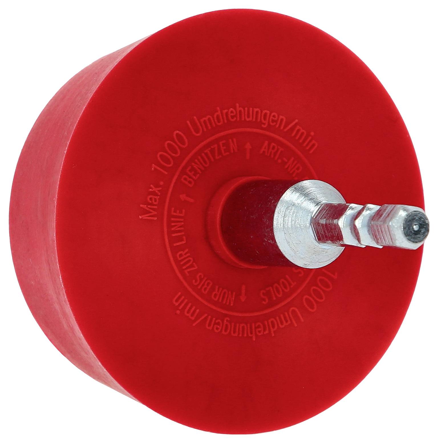 Roter Schleifteller mit Angaben: 'Max. 7000 Umdrehungen/min', Adapter in der Mitte für Werkzeugbefestigung.