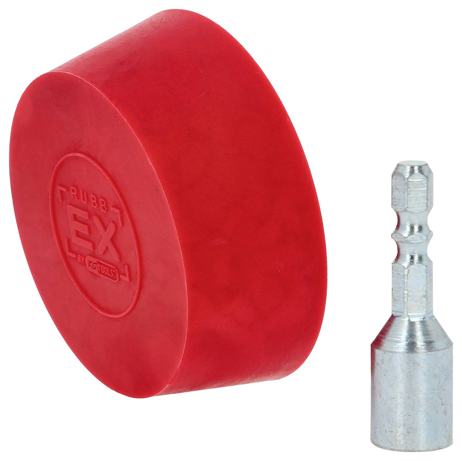 Roter Gummistopfen und silberner Anschlussadapter. Der Stopfen ist rund und massiv, der Adapter hat ein zylindrisches Ende.