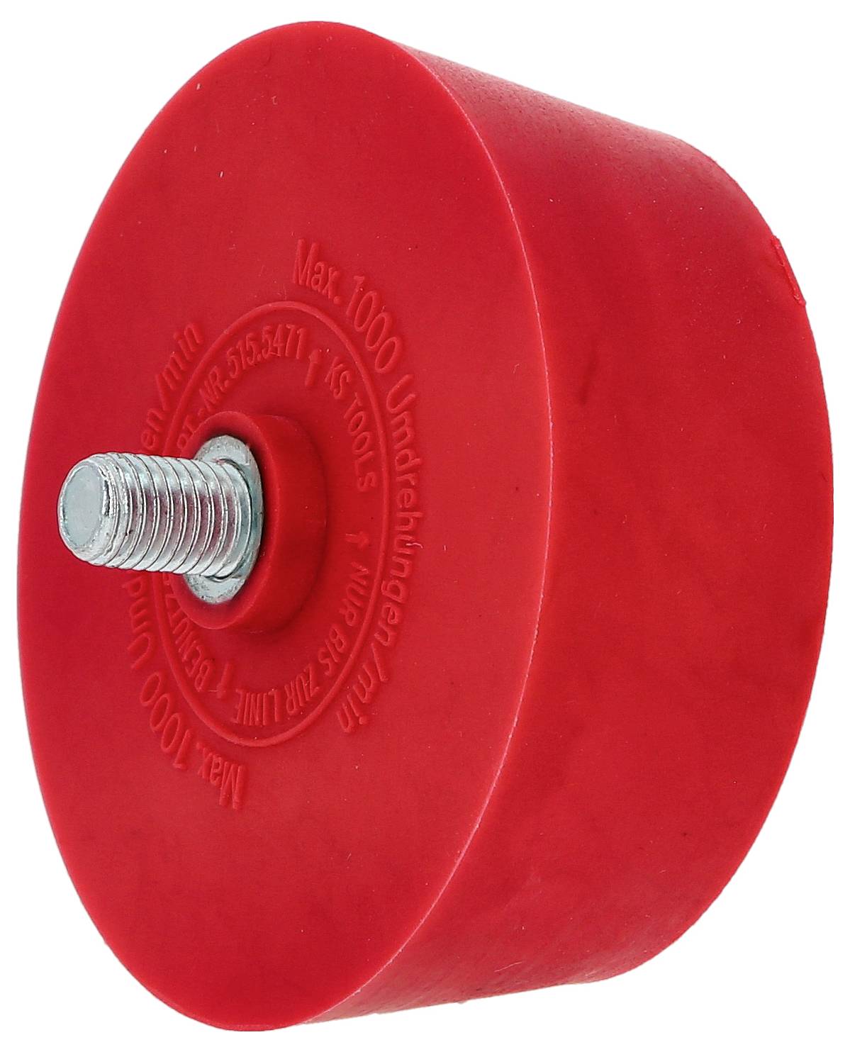 Rote Gummischeibe mit Schraubengewinde in der Mitte, geeignet für Anwendungen bis maximal 1000 Umdrehungen pro Minute.