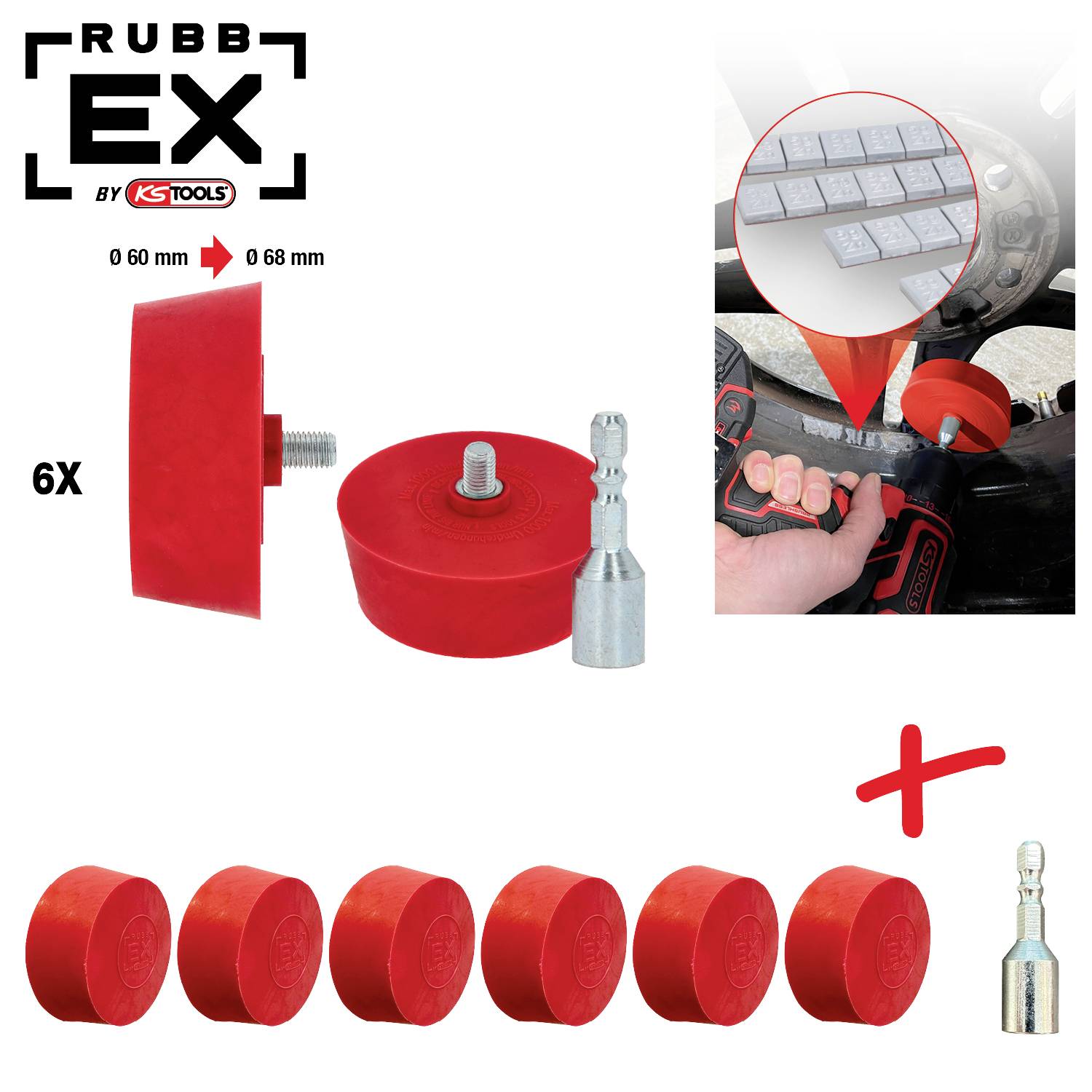 Sechs rote Protect Pads mit Metallbefestigung, geeignet zum Verhindern von Kratzern beim Entfernen von Kleinteilen.