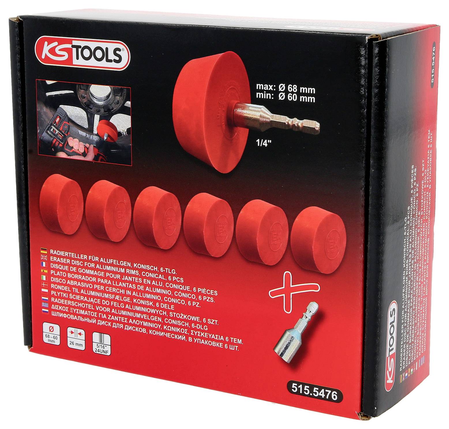 Verpackung von KS Tools mit sechs rot abgebildeten Konusdüsen und einem silbernen Adapter. Text beschreibt Größen und Spezifikationen.