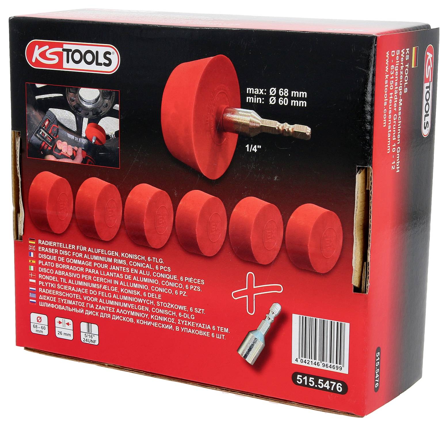 Eine Verpackung von KS Tools. Abgebildet sind sechs konische Radiermittel mit einem maximalen Durchmesser von 68 mm und minimal 60 mm.