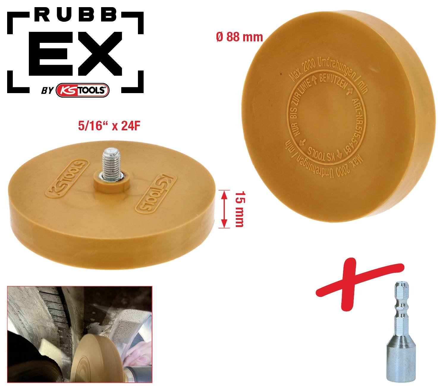 Abbildung zeigt einen Gummiradierer mit Maßen 88 mm Durchmesser und 15 mm Höhe. Es wird Zubehör mit einem Adapter hinzugefügt.