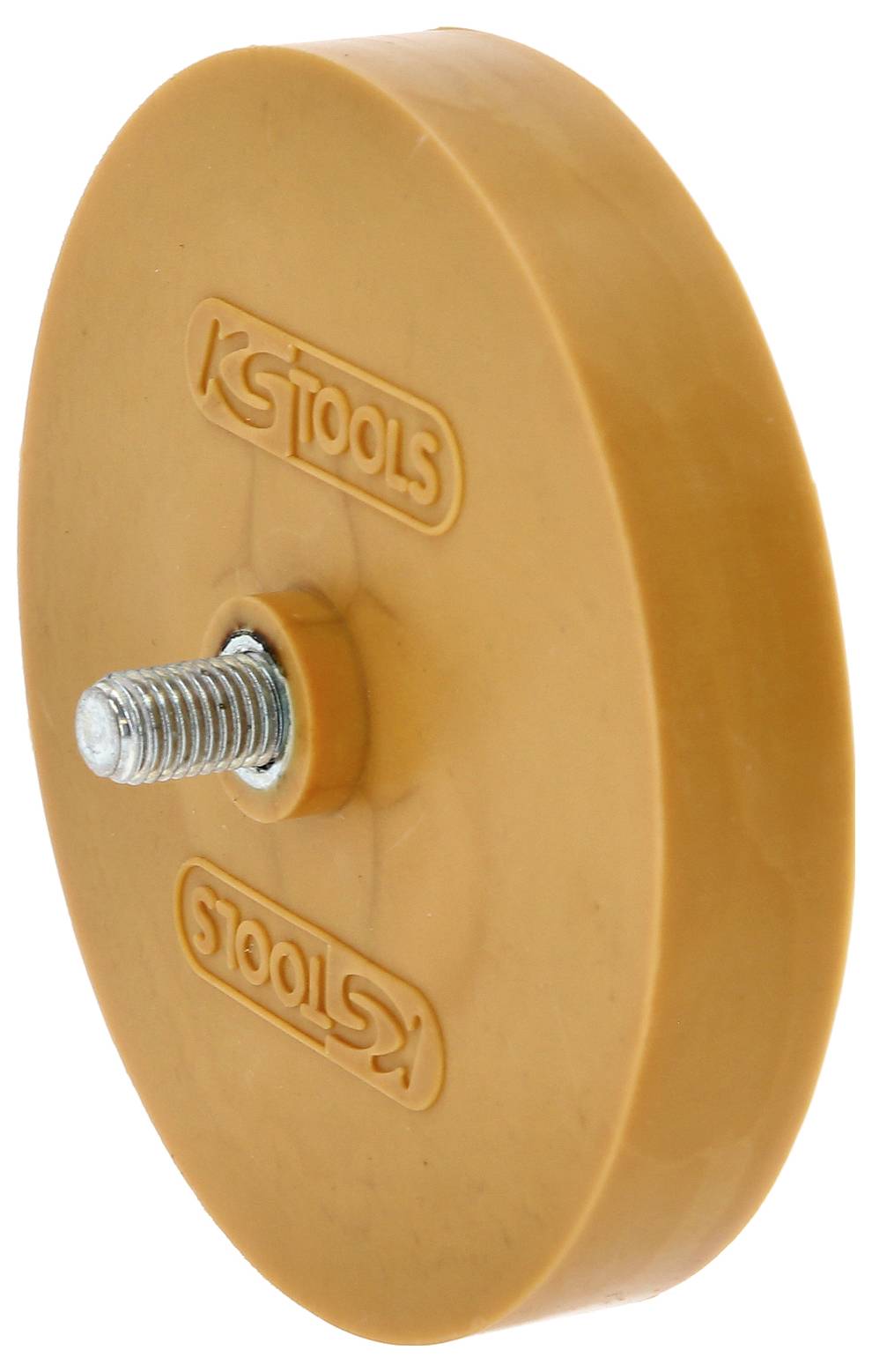 Ein rotierender Gummiadapter mit Metallschraube in der Mitte. Auf dem Adapter steht 'KS Tools'. Geeignet zum Entfernen von Aufklebern.