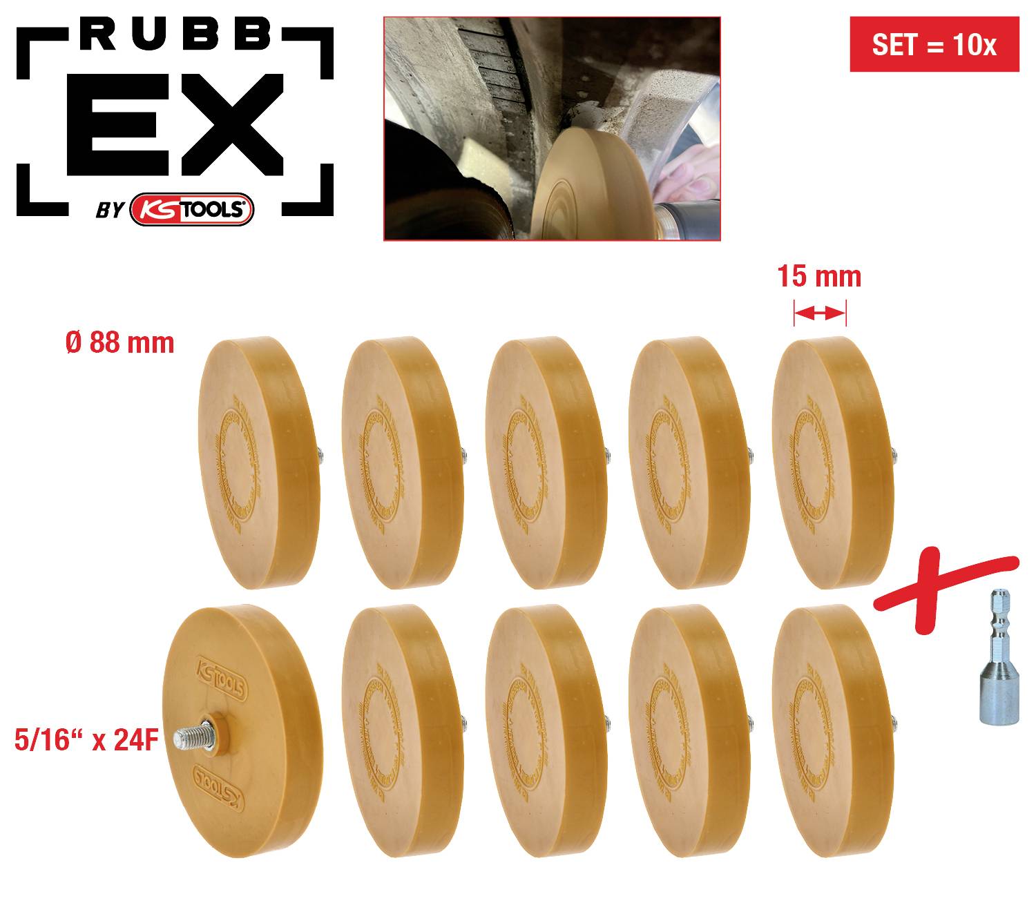 Set von zehn RubbEx-Rädern und einem Adapter. Geeignet für Entfernung von Aufklebern. Maße: 88 mm Durchmesser, 15 mm Breite.