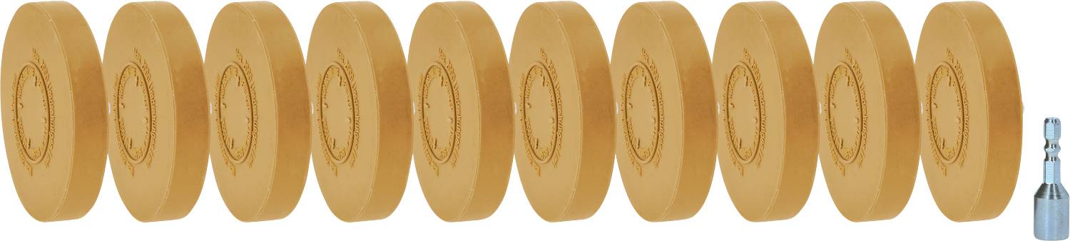 Neun gleichmäßige, orangefarbene Schleifräder nebeneinander, neben einem blau-metallischen Bohrerkopf; geeignet für Werkzeugpräsentation.