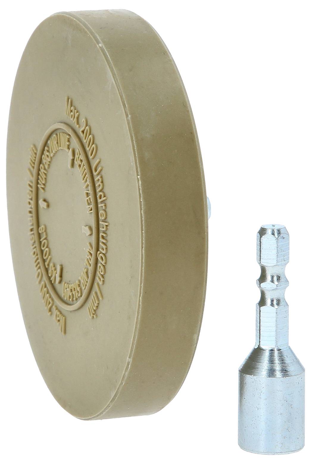 Rundgummi-Radierer mit Metalladapter zur Entfernung von Aufklebern oder Kleberesten von Oberflächen.