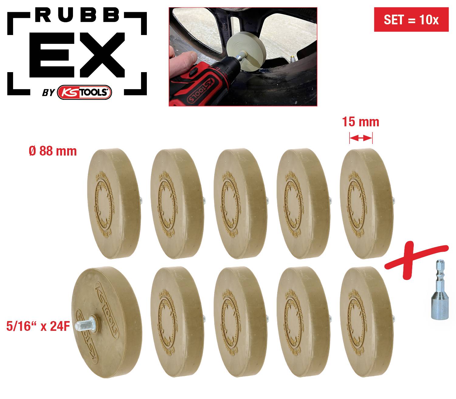 Satz aus zehn braunen Radiergummi-Scheiben von RubbEx, 88 mm Durchmesser, 15 mm Dicke, montiert mit einem 5/16' x 24F Adapter.