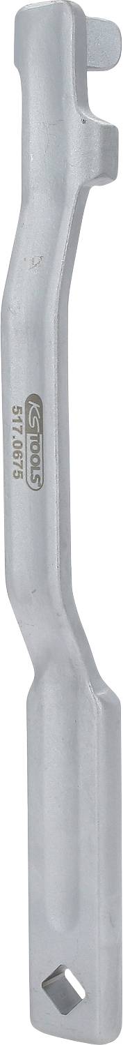 Ein silberner Metall-Schlüssel mit einer gebogenen Form, geeignet zum Anziehen oder Lösen von Schrauben bei spezifischen technischen Anwendungen.