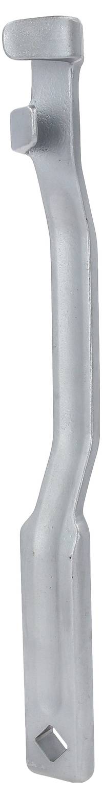 Metallischer Flachhaken mit gebogenem Design und zwei Hakenenden. Verwendet zur Befestigung oder zum Halten von Gegenständen.